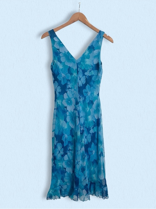Vintage Dresses & Skirts - VTG Y2K 90s City Triangles Bias Cut Floral Whimsical Midi Dress in Blue, sz S